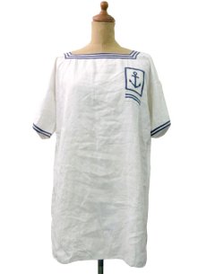 画像1: ~1950's French Marine Linen Sailor Shirts White / Navy　size S - M (表記 なし) (1)