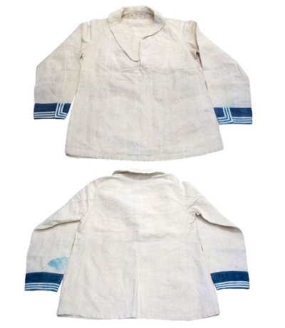 画像1: 1930's "1937"French Marine Shawl Collar Linen Sailor Jacket White / Blue　size XS - S (表記 なし)