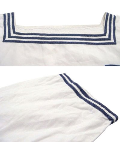 画像2: ~1950's French Marine Linen Sailor Shirts White / Navy　size S - M (表記 なし)