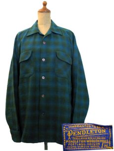画像1: 1960's "Pendleton" L/S Ombrer Check Wool Shirts  Green　size M - L  (表記 M) (1)