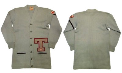 画像1: 1950's "ALBION KNITTING MILLS" Lettered Cardigan "LONG"　GREY GREEN　size M - L  (表記 無し)