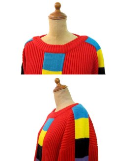 画像3: 1990's "VIBES" Crew Neck Colorful Line Acrylic Knit Sweater  RED   size  L ~ (表記 L) (3)