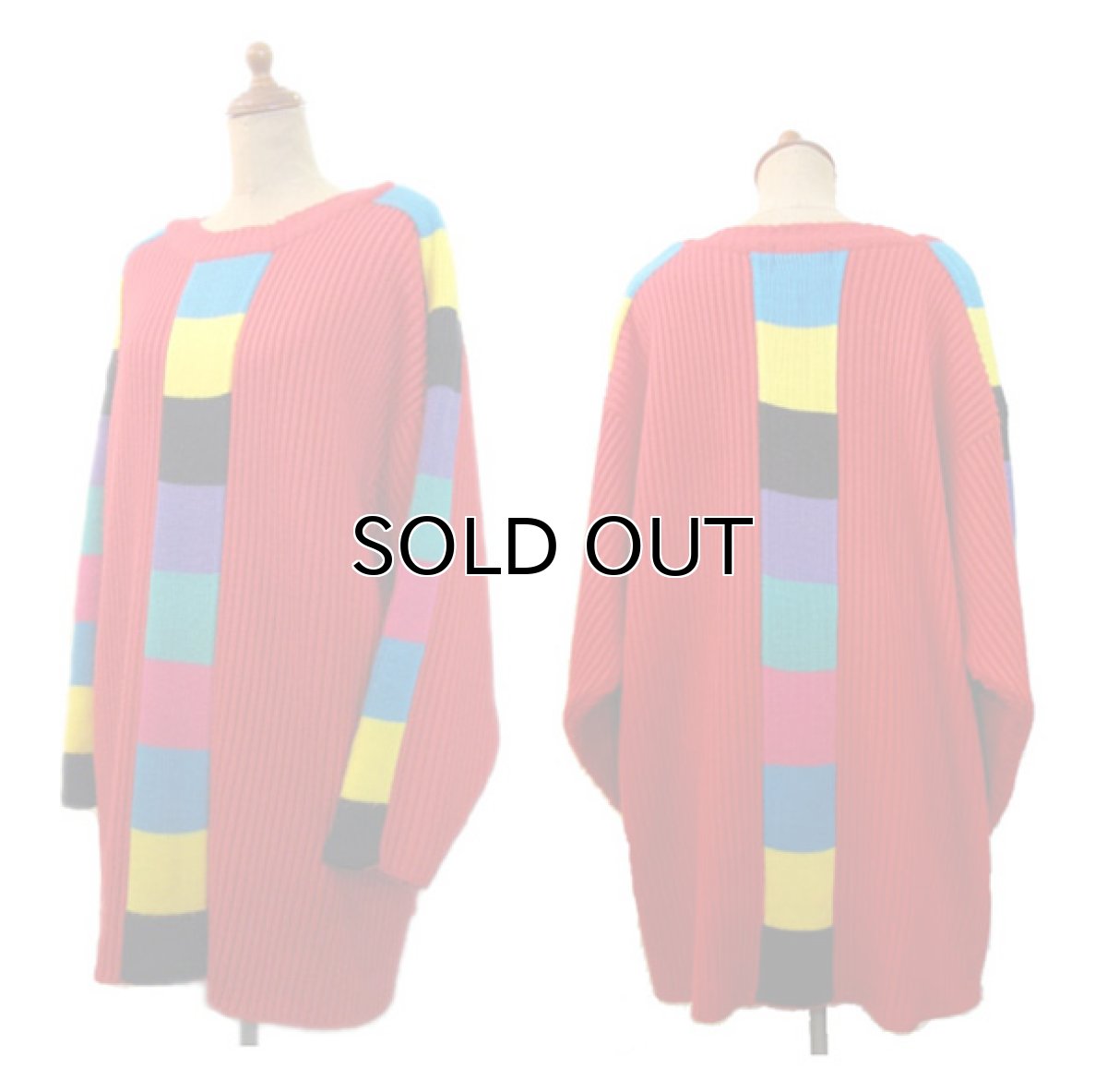 画像2: 1990's "VIBES" Crew Neck Colorful Line Acrylic Knit Sweater  RED   size  L ~ (表記 L) (2)