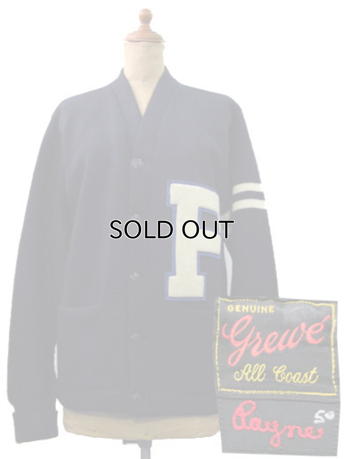 画像1: 1950's "GREWE" Lettered Cardigan  NAVY/WHITE LINE　size S - M (表記 L) (1)