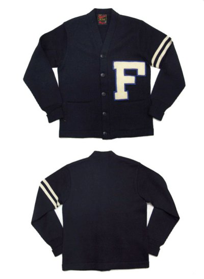 画像1: 1950's "GREWE" Lettered Cardigan  NAVY/WHITE LINE　size S - M (表記 L)