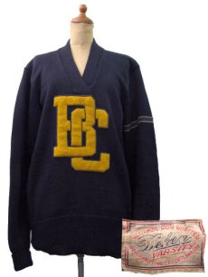 画像1: 1950's "Dahen" V-NECK Lettered Pullover Sweater  NAVY/Blue+Yellow LINE　size M (表記 不明) (1)