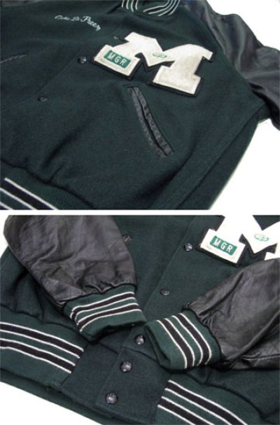 画像2: 1990's "Holloway" Leather Sleeve Stadium Jacket　GREEN/BLACK　size M - L (表記 M)