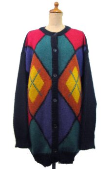 画像1: Europe Mohair Wool Argyle Pattern Cardigan　size L - XL ぐらい ( 表記 なし ) (1)
