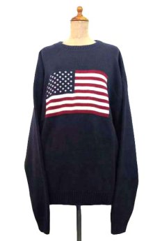 画像1: 1990's~ "FOCUS" American Flag Pullover Cotton Sweater 　NAVY　size L (表記 L) (1)