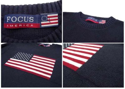 画像1: 1990's~ "FOCUS" American Flag Pullover Cotton Sweater 　NAVY　size L (表記 L)