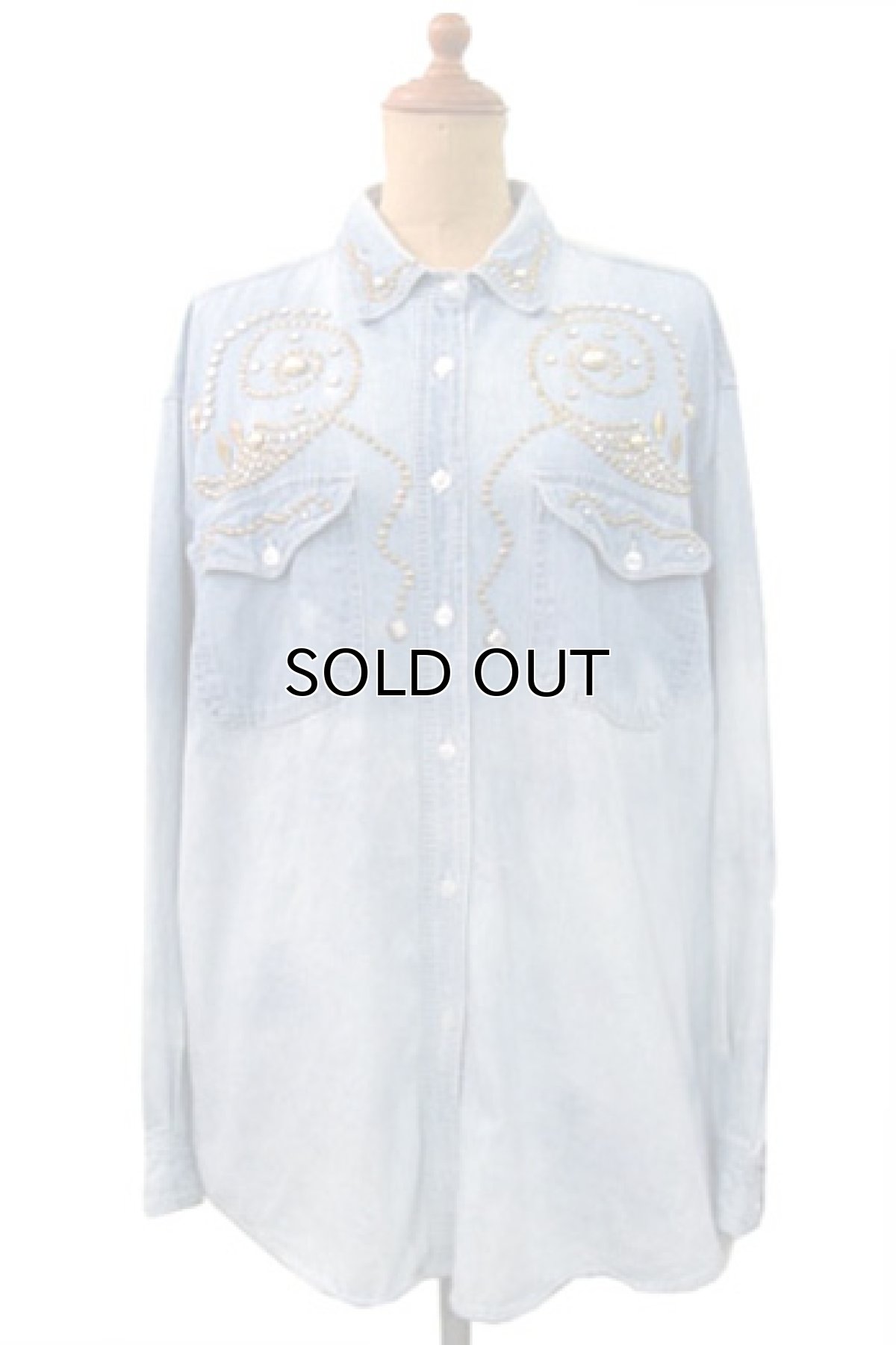 画像1: 1980's~ "Clodia Dee" Rhinestone Denim L/S Shirts　Blue Denim　size M-L (表記 M) (1)