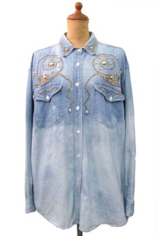 画像1: 1980's~ "Clodia Dee" Rhinestone Denim L/S Shirts　Blue Denim　size M-L (表記 M) (1)