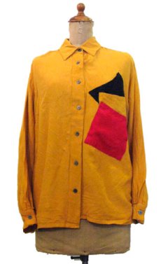 画像1: 1980's~ "ANGELA TONG" L/S Design Rayon Shirts　Mustard系　size S (表記 6) (1)