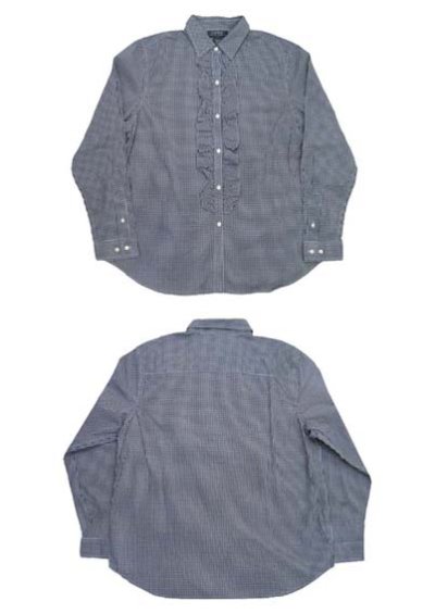 画像1: "LAUREN Ralph Lauren" Gingham Check Frill Shirts　BLACK / WHITE　size S (表記 Women's L)