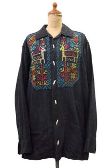 画像1: 1970's L/S Embroidery Cotton Shirts　BLACK　size M-L (表記 なし) (1)