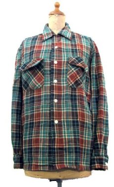 画像1: 1960's Open Collar L/S Wool Shirts　Green / Brown　size S - M (表記 なし) (1)