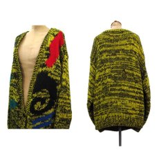 画像2: 1980's~ "EXPOSES" Design Acrylic Cardigan　YELLOW / BLACK　size L - XL (表記 L) (2)