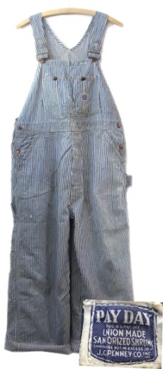 画像1: 1940-50's J.C.Penny PAY-DAY Hickory Stripe Overall　Navy / White　size L (表記 不明) (1)