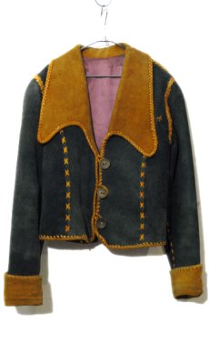 画像1: 1970's Unknown Hand Crafted Suede Leather Jacket -made in MEXICO-　Dark Green / Camel Brown　size XS - S (表記 10) (1)