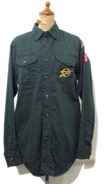 画像1: 1960's~ "Boy Scout of America BSA" Cotton L/S Shirts 　GREEN　size M - L (表記 15 REG) (1)