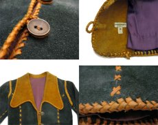 画像4: 1970's Unknown Hand Crafted Suede Leather Jacket -made in MEXICO-　Dark Green / Camel Brown　size XS - S (表記 10) (4)