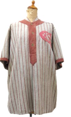 画像1: 1930's~ Pullover Baseball Shirts Stripe Design with Felt Patch　Faded Brown　size M - L (表記 不明) (1)