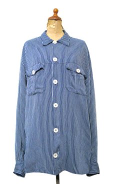 画像1: "GIORGIO ARMANI" L/S Rayon Stripe Shirts  made in ITALY　Blue　size M - L (表記 L) (1)