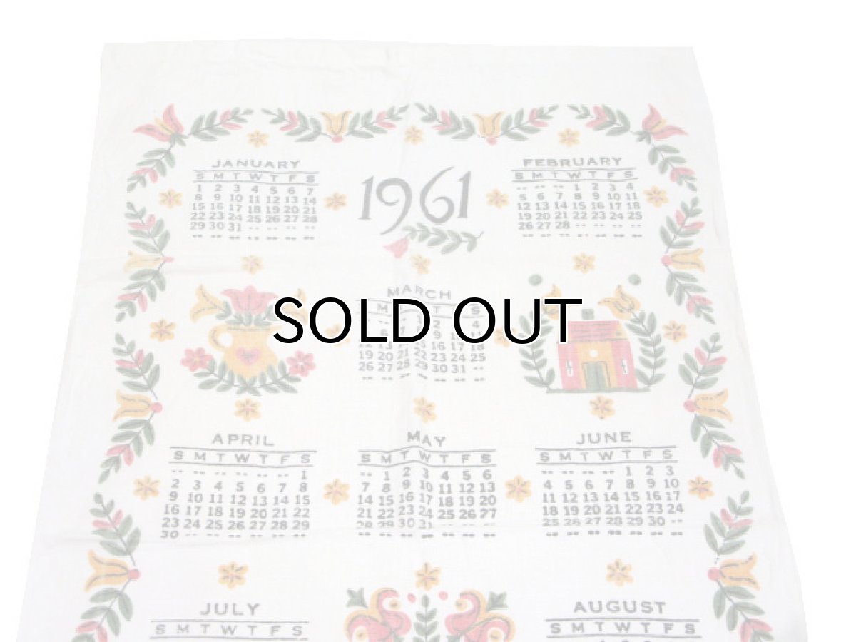 画像2: OLD Linen Fabric Tapestry "1961 Calendar" NATURAL 39cm x 73cm (2)