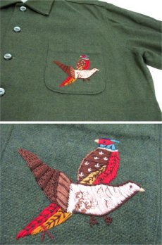 画像6: 1950's L/S Woo Boxl Shirts with Cat Eye Button "Bird"　GREEN　size L (6)