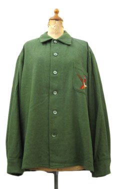 画像1: 1950's L/S Woo Boxl Shirts with Cat Eye Button "Bird"　GREEN　size L (1)