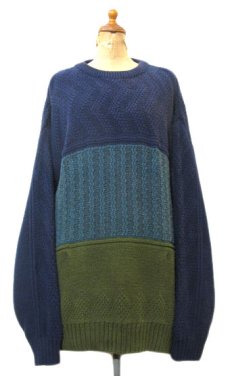画像1: 1980's "Eddie Bauer" Three Tone Crew Neck Cotton Knit -made in USA-　Navy / Blue / Green　size XL (表記 L) (1)