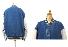 画像2: 1990's "basic EDITIONS" Denim / Cotton Stadium Jacket　Blue Denim / Grey　size L - XL (表記 M) (2)