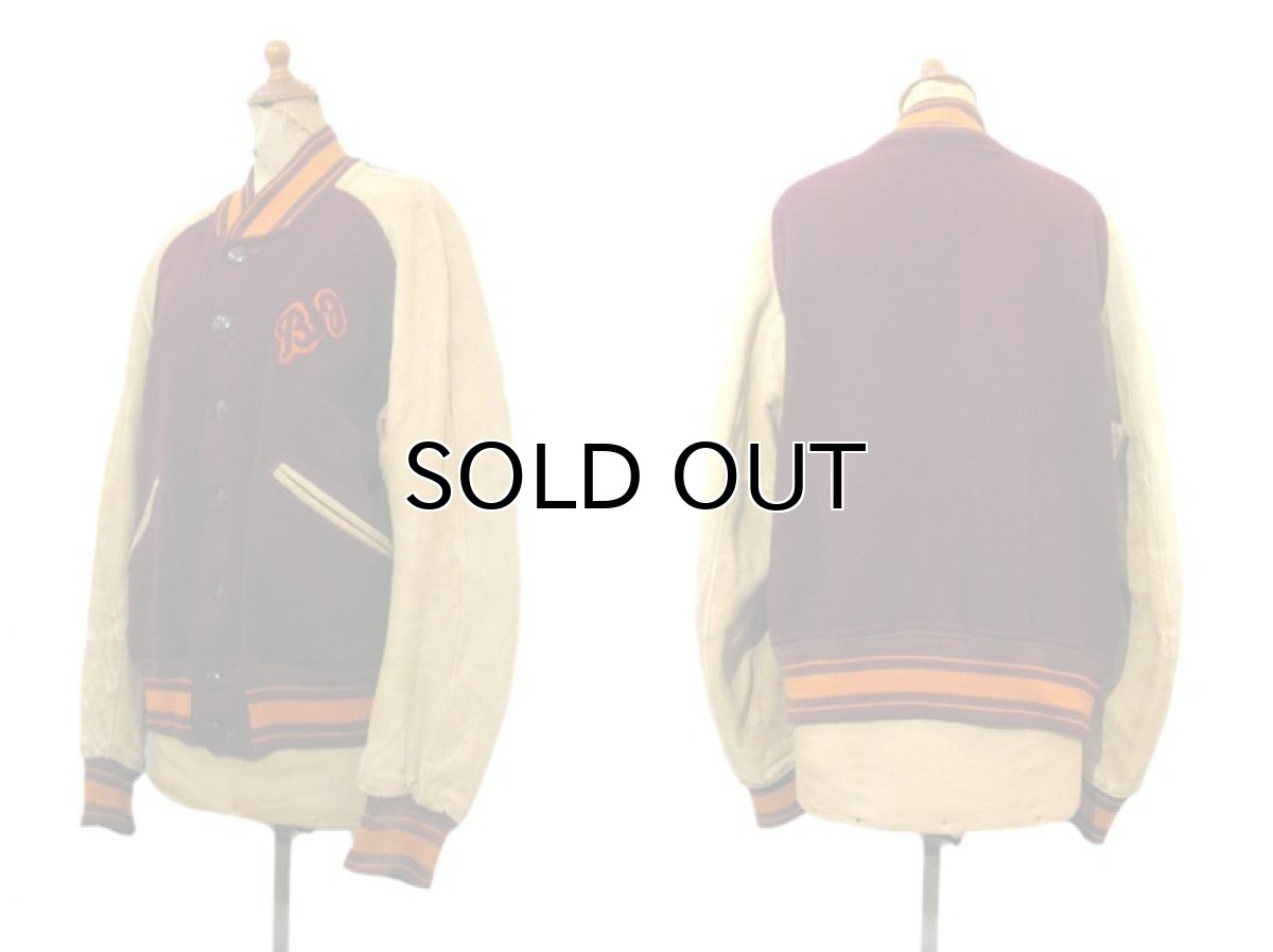 画像2: 1940's "AS IS" Wool / Leather Button Stadium Jacket　Burgundy / Beige　size M - L (表記 44) (2)