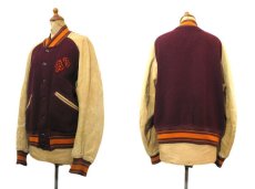 画像2: 1940's "AS IS" Wool / Leather Button Stadium Jacket　Burgundy / Beige　size M - L (表記 44) (2)