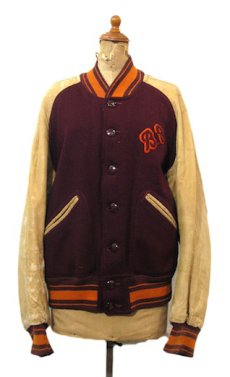 画像1: 1940's "AS IS" Wool / Leather Button Stadium Jacket　Burgundy / Beige　size M - L (表記 44) (1)