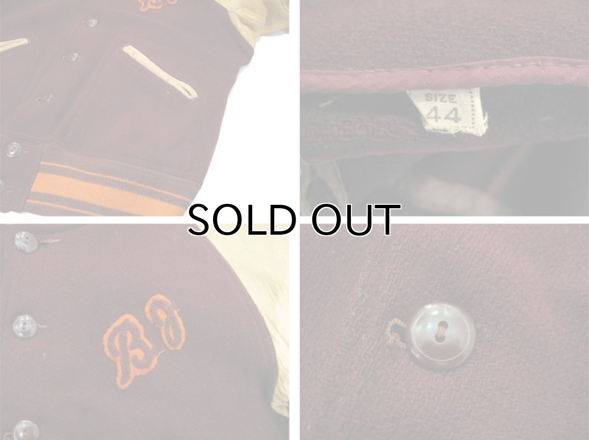 画像4: 1940's "AS IS" Wool / Leather Button Stadium Jacket　Burgundy / Beige　size M - L (表記 44) (4)