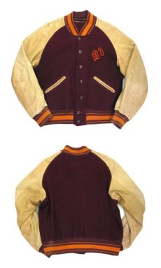 画像3: 1940's "AS IS" Wool / Leather Button Stadium Jacket　Burgundy / Beige　size M - L (表記 44) (3)