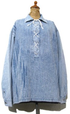 画像1: Europe  Acid Wash L/S Lace Up Pullover Shirts　Blue　size L-XL (表記不明) (1)