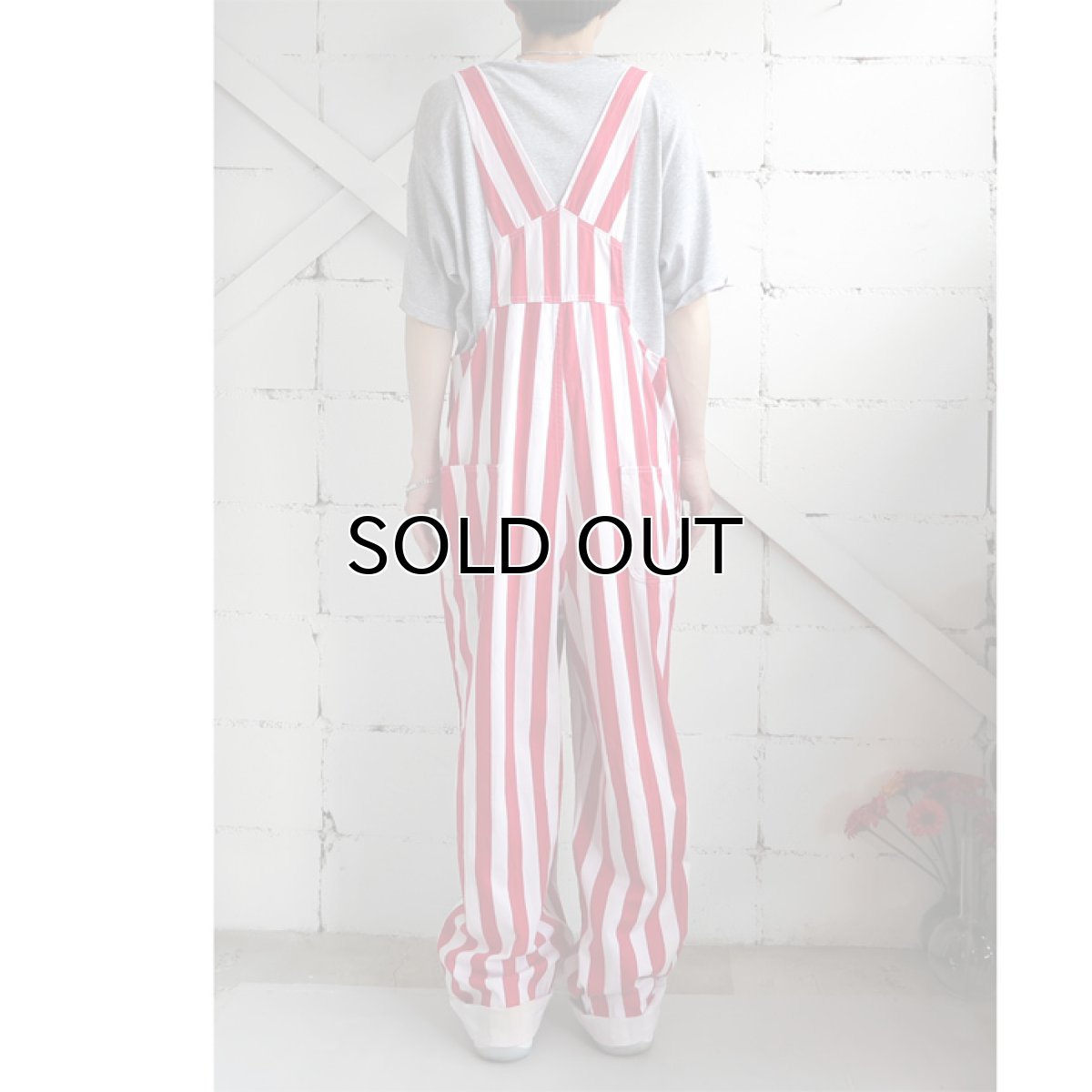 画像9: "GAME BIBS" Fat Stripe Cotton Twill Overall WHITE/RED size L (9)