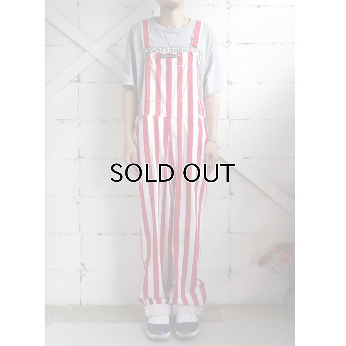 画像8: "GAME BIBS" Fat Stripe Cotton Twill Overall WHITE/RED size L (8)