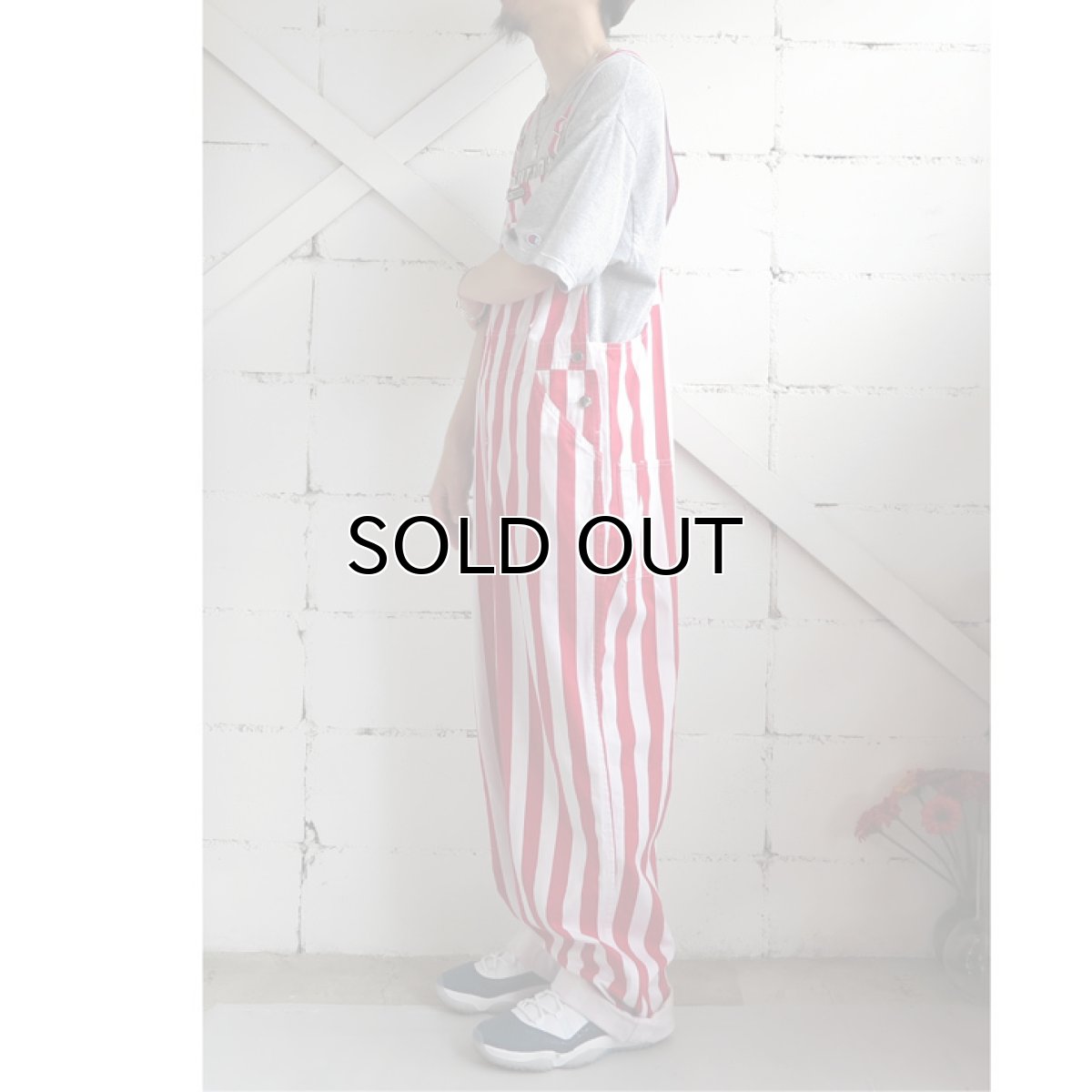 画像10: "GAME BIBS" Fat Stripe Cotton Twill Overall WHITE/RED size L (10)
