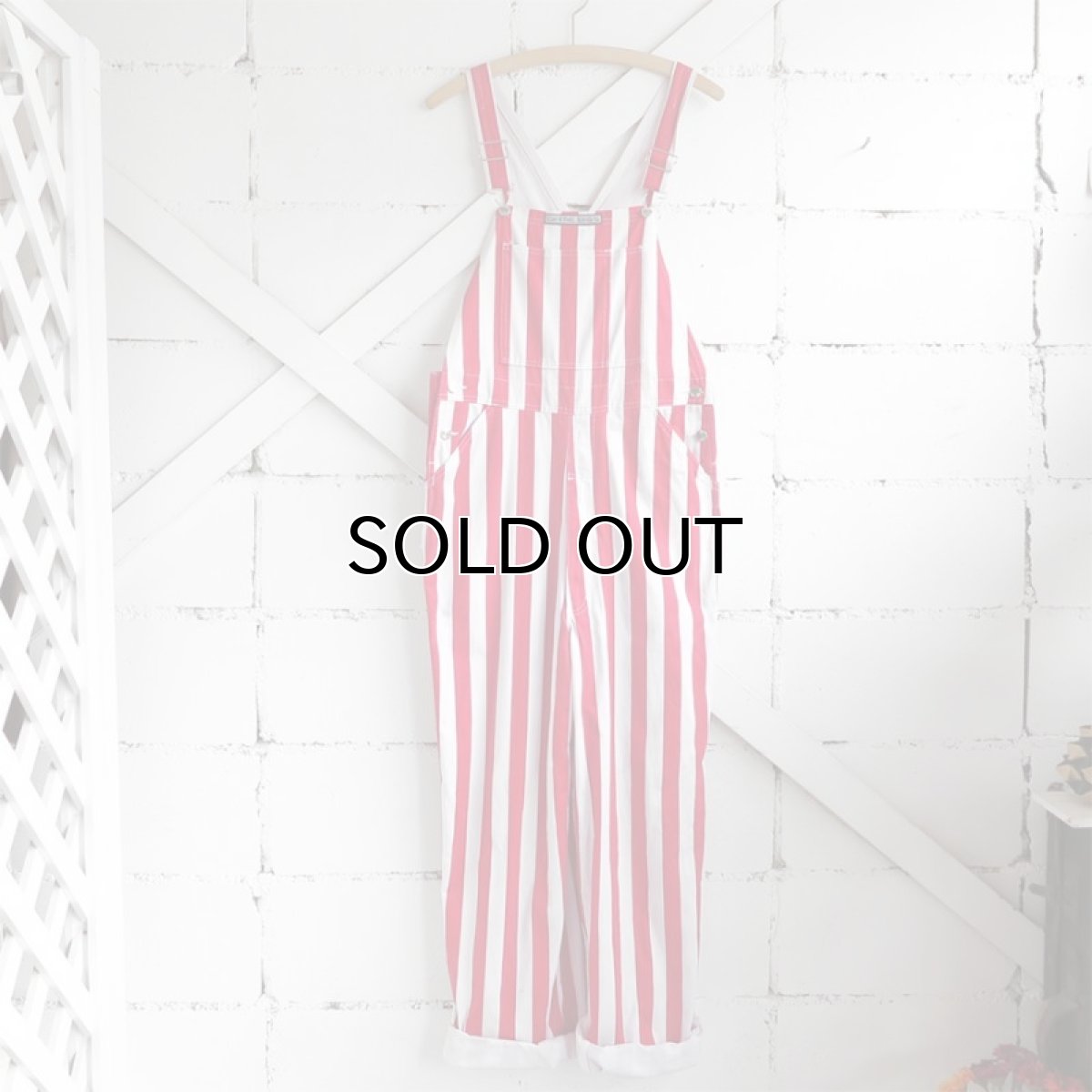 画像2: "GAME BIBS" Fat Stripe Cotton Twill Overall WHITE/RED size L (2)